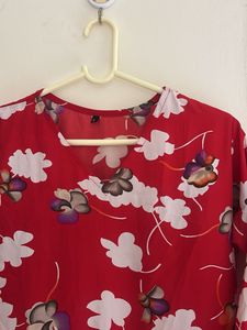 Red Floral Ruffle Sleeve Wrap Top