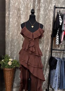 Brown Ruffled High-Low Dress