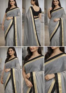 Elegant Grey Saree with Black & Gold Border