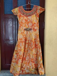 Elegant Orange Floral Print Gown