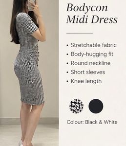 Bodycon Midi Dress - Black &amp; White Pattern