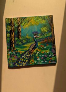 Mini peacock Landscape painting with wooden stand