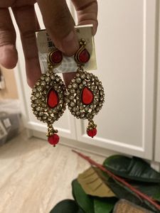 Red And White Stone Party Wear Earrings