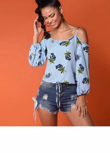 Blue Striped Cold Shoulder Top