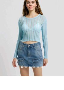 Savana Light Blue Ribbed Long Sleeve Top