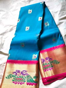 Beautiful Blue Silk Saree with Peacock Motifs