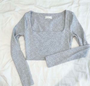 Kookai Grey Square Neck Long Sleeve Crop Top
