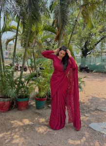Beautiful Maroon Lace Saree without blouse