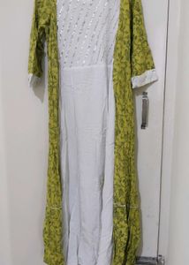 White Kurta Set with attached Printed Jacket
