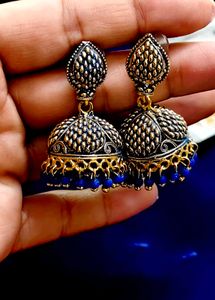 Exquisite Blue &amp; Gold Jhumka Earrings