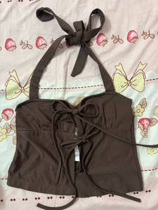 Brown Halterneck Tie-Front Top