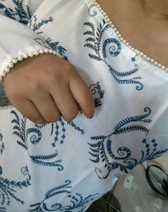 White Kurta with Blue Floral Print