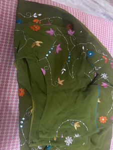 Olive Green Embroidered Saree with Floral Work