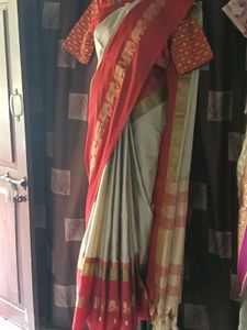 New ElegantCottonSilk BeizeWithMaroonBorder Saree