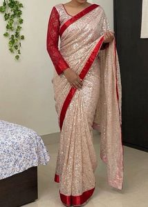 Stunning Sequined Saree with Red Border