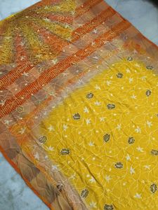 Vintage Pure Crepe saree Yellow &amp; Orange Embroider