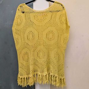 Yellow Knitted Fringed Tunic Top