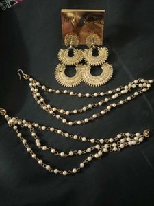 Elegant Gold Pearl Dangler Earrings &amp; Chain
