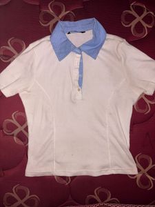 White Ribbed Polo T-Shirt with Blue Stripe Collar