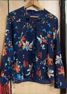 Navy Blue Floral Print Long Sleeve Top