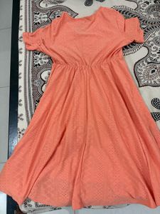 Coral Eyelet V-Neck Midi Dress
