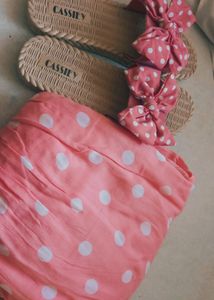 Pink Polka Mini Dress | M Size | Above Knee Length