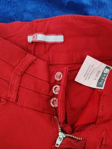 Red High-Waisted Button-Up Pants