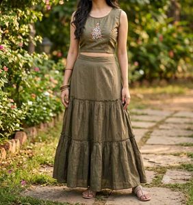 Embroidered Crop Top and Tiered Skirt Set