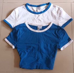 Set of 2 Classic Ringer Crop Tees (Blue & White)