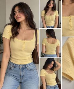Yellow H&amp;M Lace Trim Button-Up Top