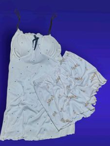 stretchable  White night dress Satin Camisole &amp; Fl