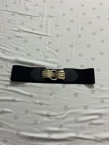 Elegant Black Elastic Belt with Gold Buckle