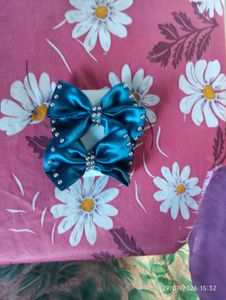 Teal Satin Bow Hair Clips with Pearls
