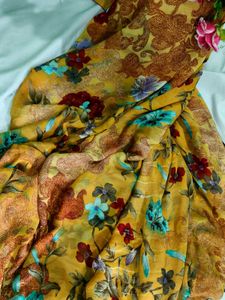 Vibrant Floral Print Yellow Saree