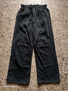 Washed Black Ripped Wide Leg Jeans