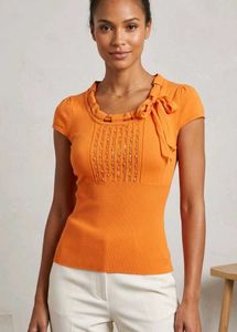 Orange Ribbed Knit Top with Bow Detail