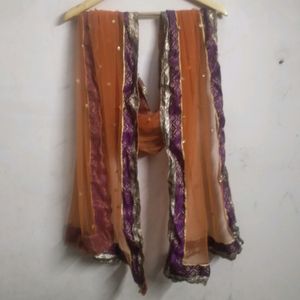 Orange Net Dupatta With Brocade Purple Border