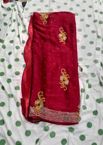 Stunning Red Embroidered Silk Saree