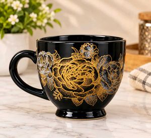 Set of 6 Black Floral Coffee Mugs