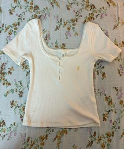 White Ribbed Square Neck Top