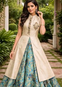 Ivory Silk Anarkali with Brocade Skirt