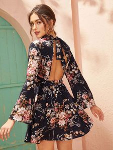 Floral Backless Bell Sleeve Mini Dress