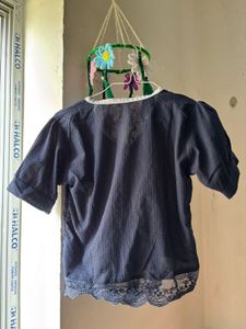 Navy Blue Lace Trim Blouse
