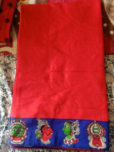 Red Color Cotton Saree With Blue Blouse