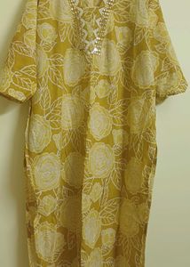 Yellow Floral Kurta Set with Embellished Neckline