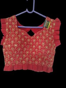 Red Embroidered Blouse with Ruffle Sleeves