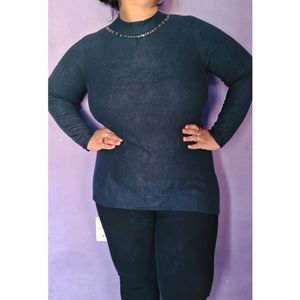 Blue Highneck Look Woolean Top With Neck Detailing