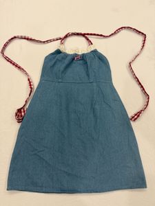 Denim Halter Dress with Gingham Straps
