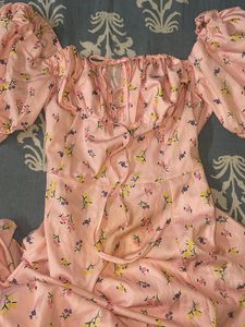 Pink Floral Corset Puff Sleeve Gown