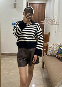 BLACK  and WHITE Striped Polo Collar knit SWEATER